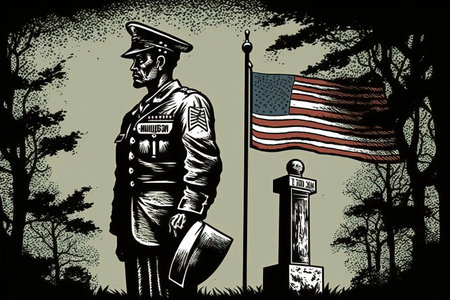 American soldier with the american flag in the background, vector illustrationの素材