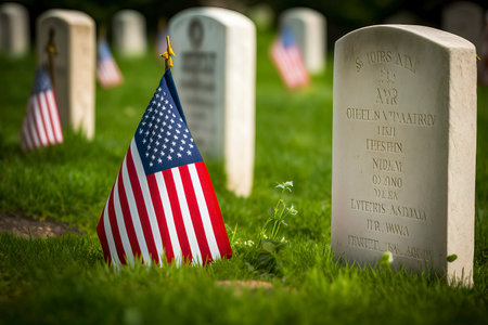 American flag on a gravestone at a cemetery in the United Statesの素材