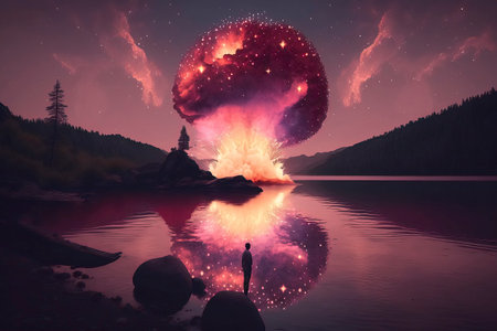 Man standing on the shore of a mountain lake and looking at a big explosion in the skyの素材