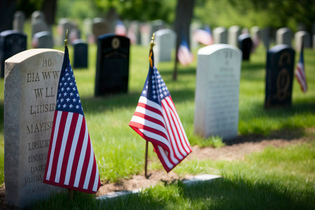 Memorial Day in the United States with American Flag on gravestonesの素材