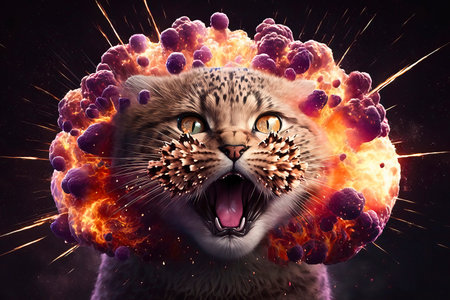 Funny cat with big eyes and red virus cells around him.の素材