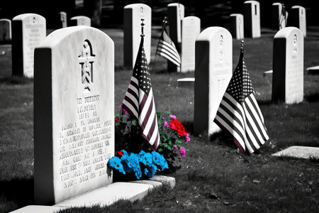 Graveyard with american flags and flowers in black and white.の素材