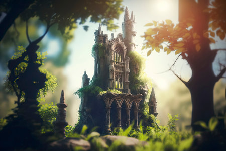 Fantasy fantasy castle in the forest. Fairy tale scene. 3d renderingの素材