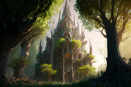 Mysterious temple in the forest. Fantasy landscape. 3D renderingの素材