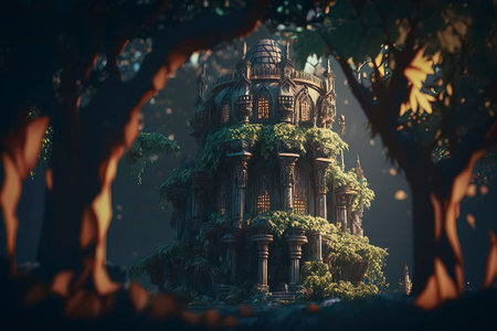 Fantasy landscape with fantasy castle in the forest. 3d renderingの素材
