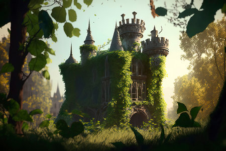 Fantasy castle in the green forest. 3d render illustration.の素材