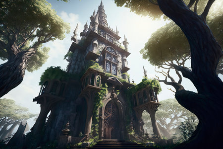 Mysterious fantasy castle in the forest. 3D rendering.の素材