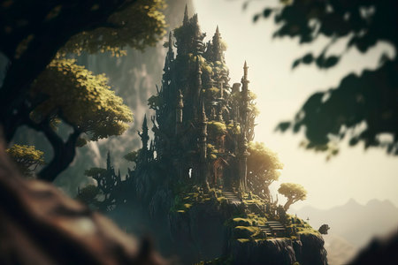 3d rendering of a fantasy temple in the middle of the jungleの素材