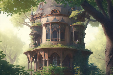 3D rendering of a fantasy house in the middle of the forestの素材