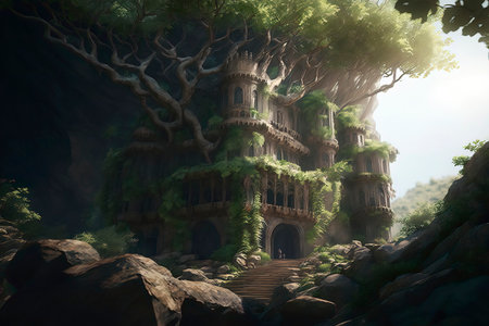 3D rendering of a fantasy castle in the jungle. Fantasy world.の素材