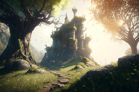 Fantasy landscape with magical castle in the forest. 3d renderの素材