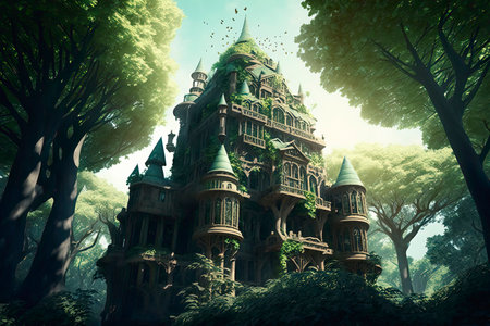 Fantasy castle in the green forest. 3d render illustration.の素材