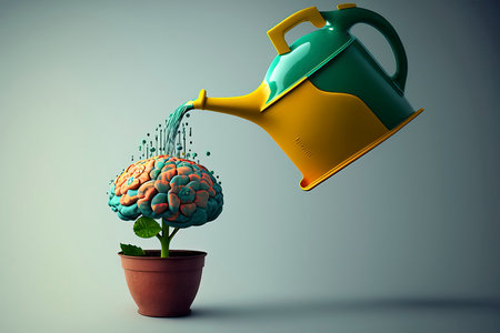Watering brain in pot with watering can. 3D illustration.の素材