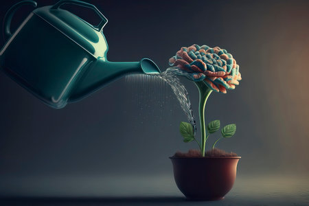 Watering plant in pot and watering can on dark background. 3D renderingの素材