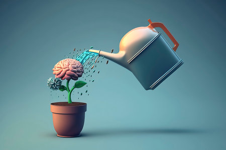 Human brain and watering can. Conceptual image. 3D renderingの素材