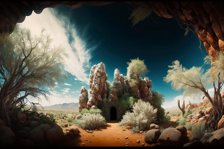 Fantasy landscape with a cave. 3D rendering. Computer digital drawing.の素材