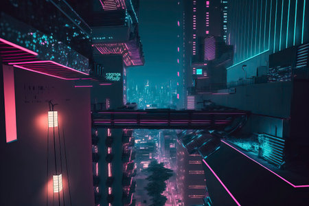 3d rendering of futuristic city with neon lights in the night.の素材