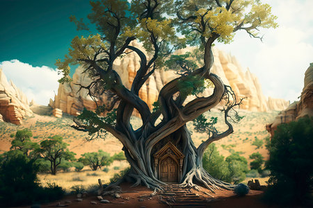 Huge old tree in the desert. 3D Rendering.の素材