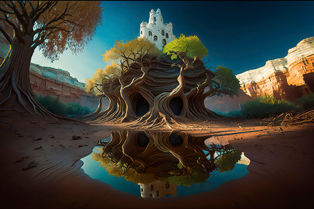 Fantasy landscape with church in the desert. 3D illustration.の素材