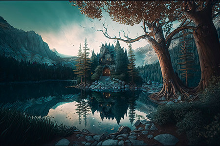 Fantasy landscape with a wooden house in the middle of a lakeの素材