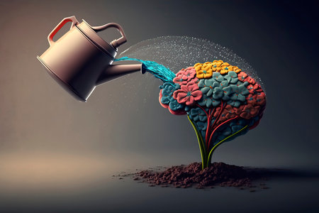 Human brain with watering can on grey background. 3D illustration.の素材