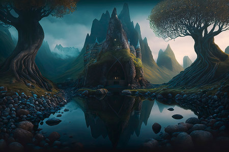 Fantasy landscape with fantasy castle, trees and lake. 3d illustrationの素材