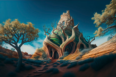 Fantasy landscape with sandstone castle. 3d render illustration.の素材