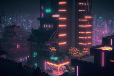 3d render. Futuristic city at night with neon lights.の素材