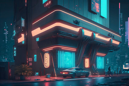 Illuminated street at night with neon lights. 3d renderingの素材