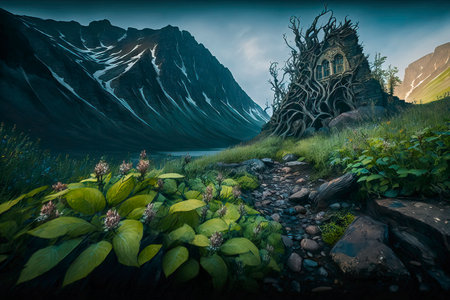 Fantasy landscape with ancient church in the mountains. 3d renderingの素材
