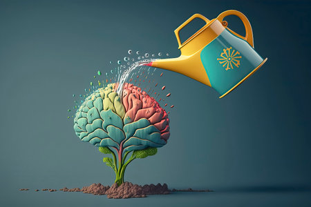 Watering can with colorful brain shape on blue background. 3d illustrationの素材