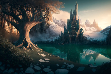 Fantasy landscape with fantasy forest and a lake. 3d renderingの素材