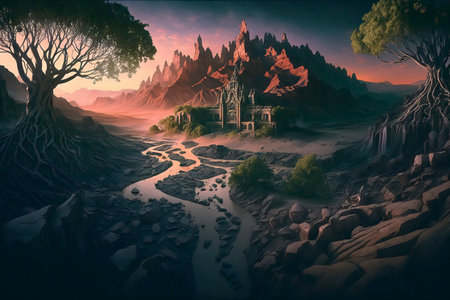 Fantasy landscape with ancient temple and river. 3D illustration.の素材