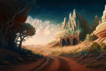 Fantasy landscape with a road in the desert. Digital painting.の素材
