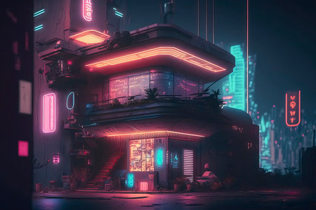 3D rendering of a futuristic building with neon lights in the nightの素材