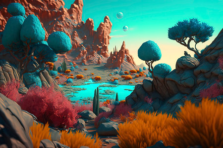 Fantasy alien planet. Mountain and lake. 3D illustration.の素材