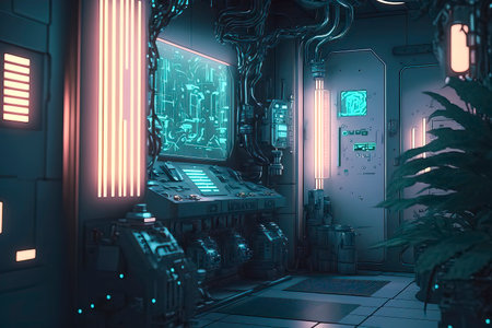 3D rendering of a futuristic space station corridor with neon lights.の素材