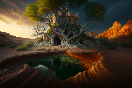 Fantasy landscape with the church and lake. 3D illustration.の素材