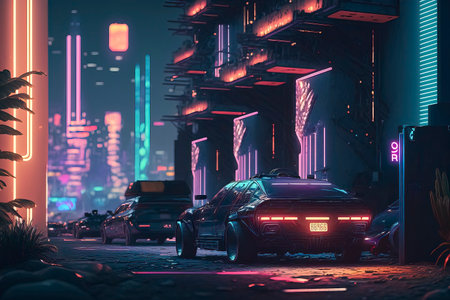 Futuristic night city street with neon lights and cars. 3D Renderingの素材