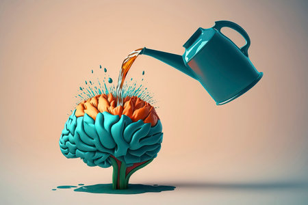 Watering can pouring out of the brain. 3D illustration.の素材