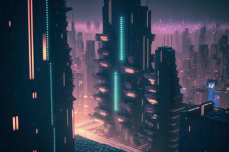 Futuristic city at night with neon lights. 3D renderingの素材