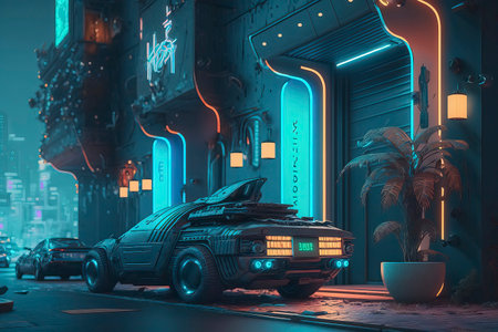 3D rendering of a futuristic city at night with neon lights.の素材