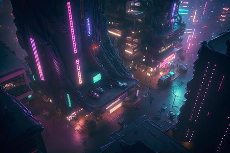 3d rendering. Futuristic city with neon lights. Cyberpunk style.の素材