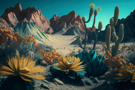 Desert landscape with cactuses and mountains. 3d renderの素材