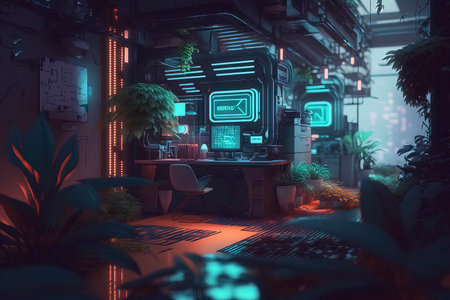 3d rendering of the interior of a cafe with neon lights.の素材