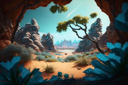 Fantasy alien planet. Mountain and lake. 3D illustration.の素材
