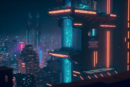 Futuristic city at night with neon lights. 3d renderingの素材