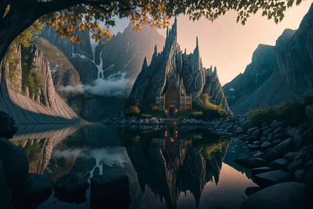 Fantasy landscape with wooden house on the lake. 3d illustrationの素材