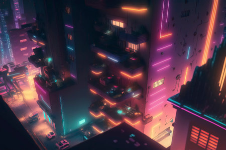 3d rendering. Futuristic city with neon lights. Cyberpunk style.の素材