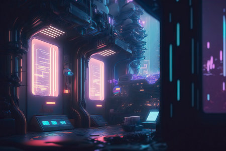 3D rendering of a futuristic sci-fi hallway with neon lightsの素材